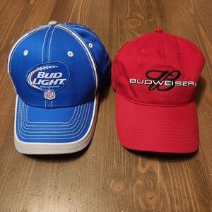 Vtg Red Budweiser Hat & Vtg Blue Bud Light NFL Hat Both Adjustable & 100% Cotton